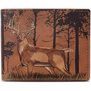 Men's Deer Woods Classic Bifold Tan Grain premium Leather Fishing Wallet Card